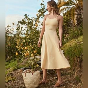 NWOT Pact Fit and Flare Midi Dress S Yellow Pockets Organic Cotton Fair Trade